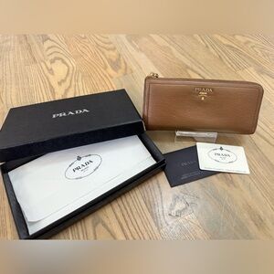 Prada Tan Leather Zip Wallet With Box and COA